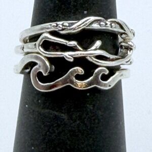 Boho Stackable Ring Set of 3; Size 5.5 Silver Tone Wavy Leaf Bands